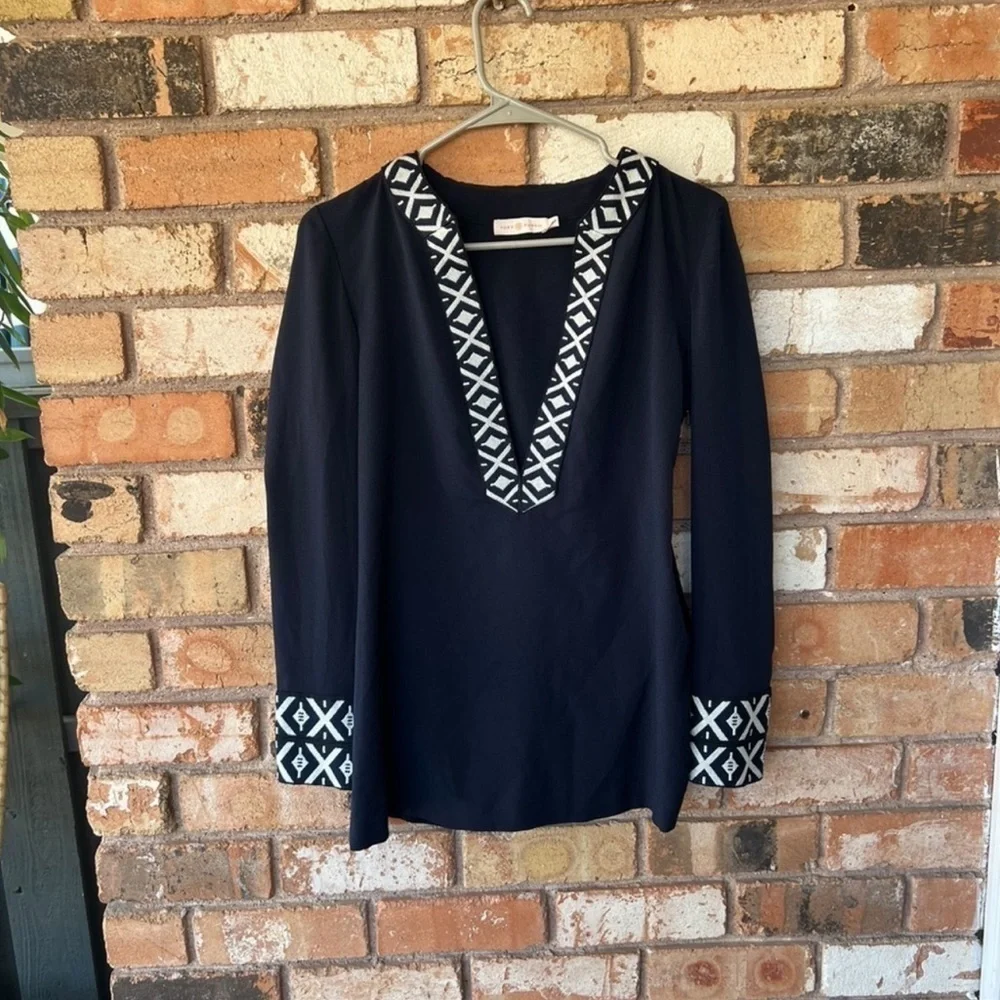 Tory Burch Navy Embroidered Long Sleeve Tunic